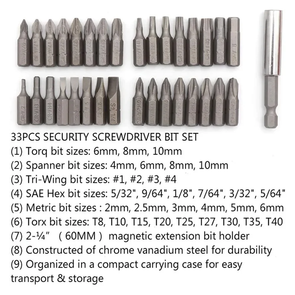 33pcs Safety Bit Set Magnetic Security Screwdriver Bit Torq Torx Hexagonal Star Spanner Electric Holder Bits Set for Screwing - view 6