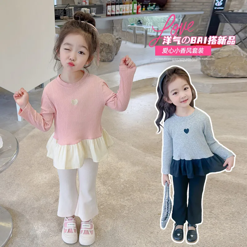 Baby Round Neck Long Sleeve Sets Girls Cute Sweet Love Suit Spring Autumn New Children's Fashion Casual Loose 2 Pieces 12M-8Y