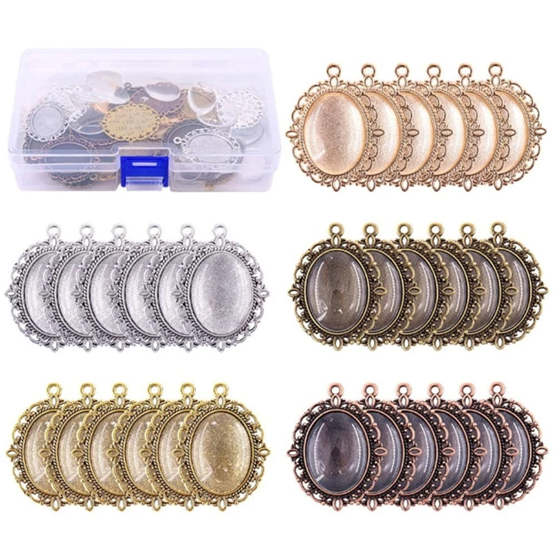 60 pçs bandejas pingente metal pingente bandejas branco moldura oval cabochão base ajuste pingente para