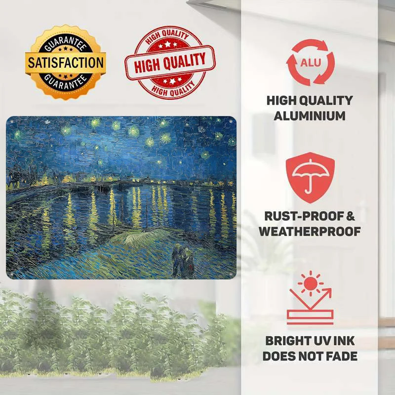 Starry Night Over the Rhone Personalized 3D Textured Metal Poster Wall Art Vintage Tin Signs for Home Decor Ornaments House Room