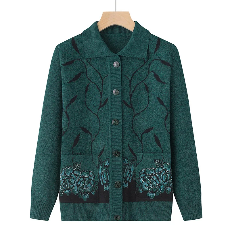 Vintage Middle Aged Mother Sweater Grandma Cardigan Autumn Winter Knitting Long Sleeve Coat Lapel Printed Knitwears Jacket Women