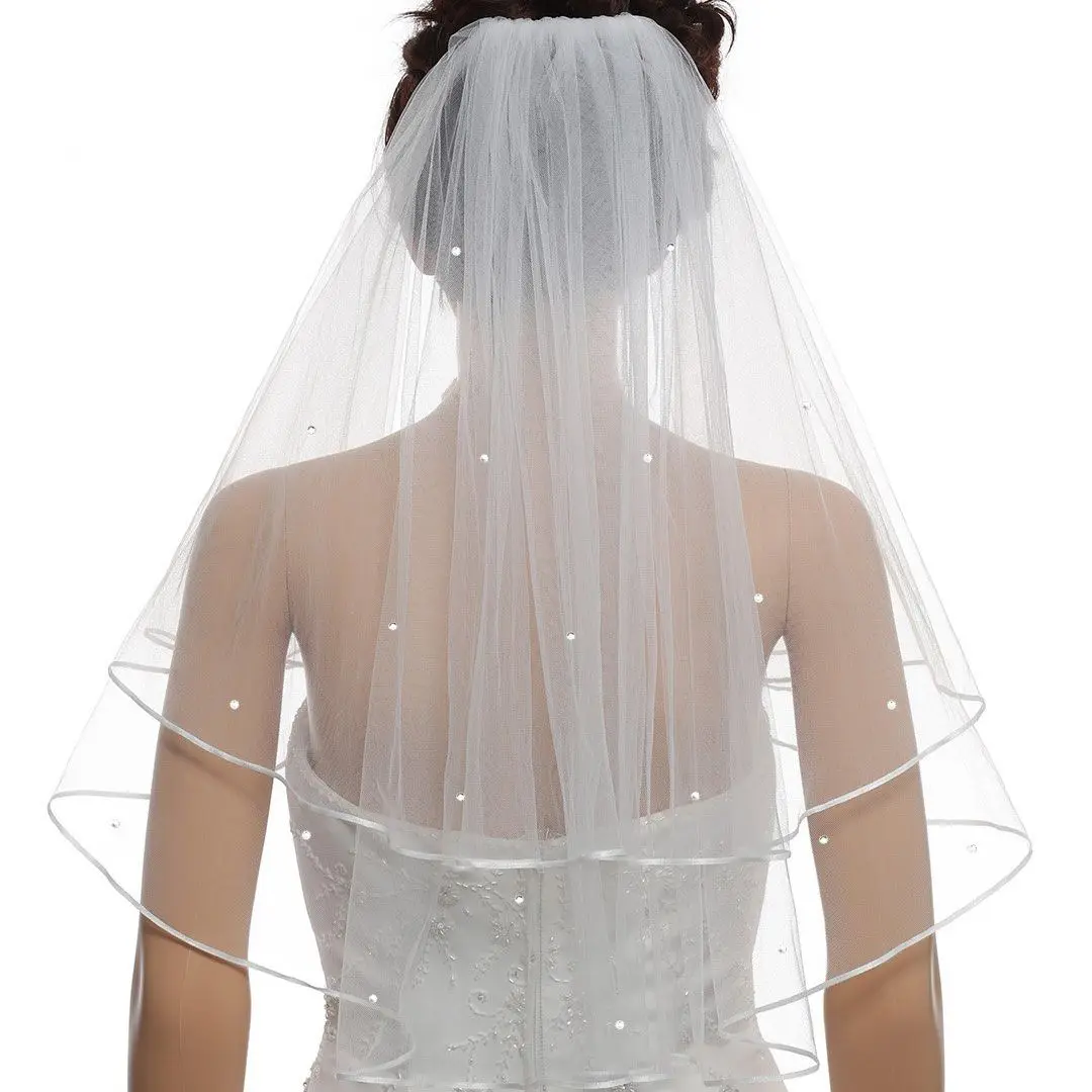 Hot Selling Fashion Style 2T 2 Tier 1/8" Ribbon Edge Center Beaded Bridal Veil  여자 알몸보지 사진