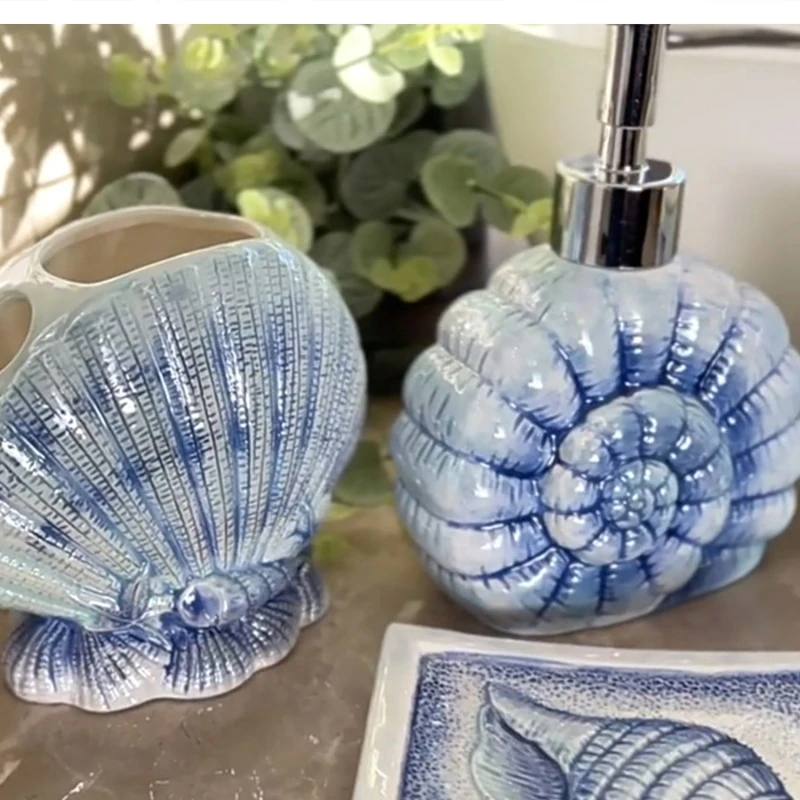 Blue conch ceramic bathroom 5-piece set Hand sanitizer bottle cup toothbrush holder Soap dish toiletry