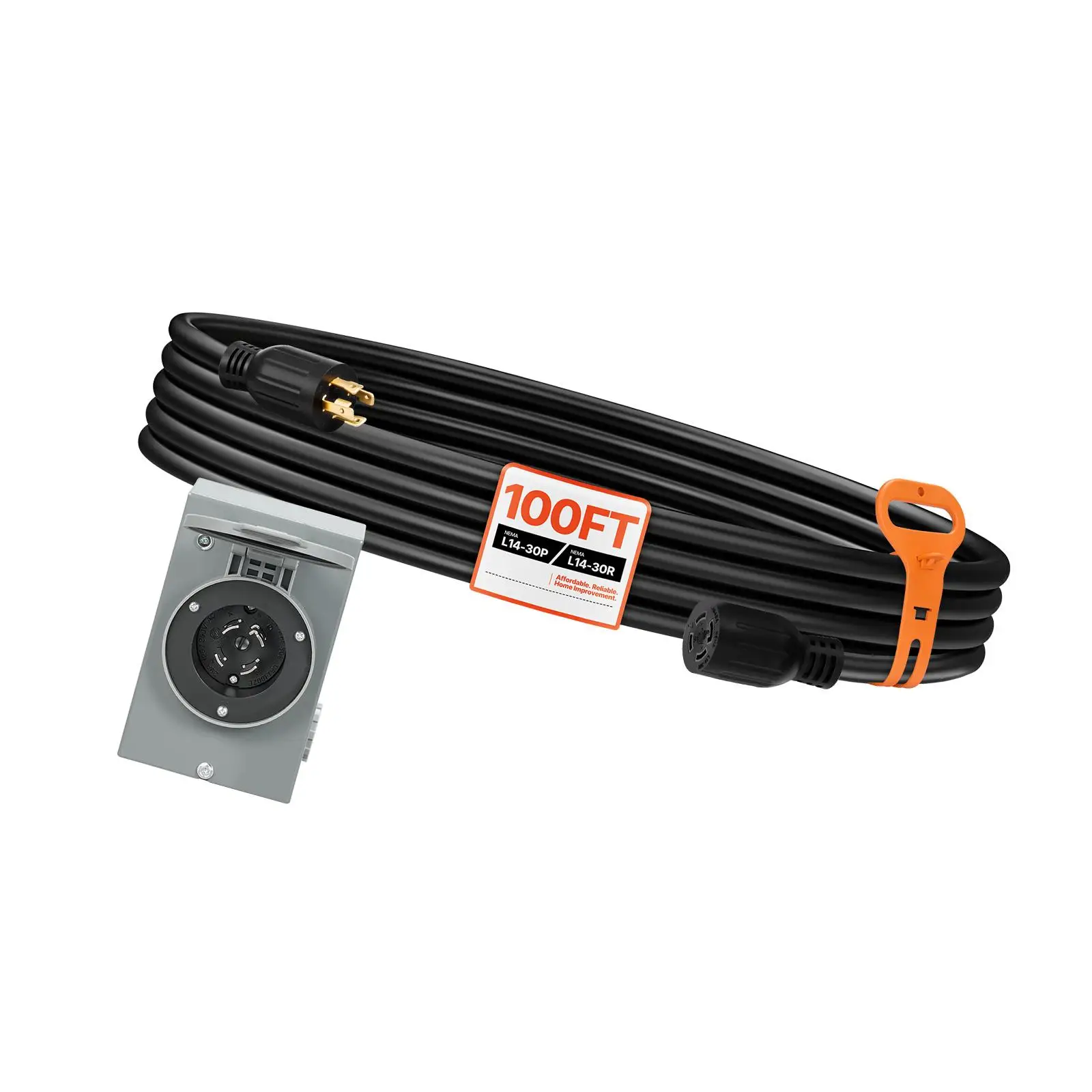 30 Amp for generator Extension Cord with Power Inlet Box 100 FT 125/250V L14 30P to L14 30R 10AWG SJTW 7500W Heavy Duty Outdoor Cable for Home Backup Power