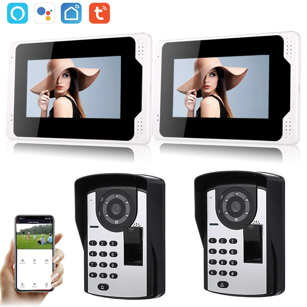 

SYSD Tuya Doorbell 1080P HD Camera 7in Wifi Password Fingerprint Video Doorphone Intercom Wired Video Doorbell for Home