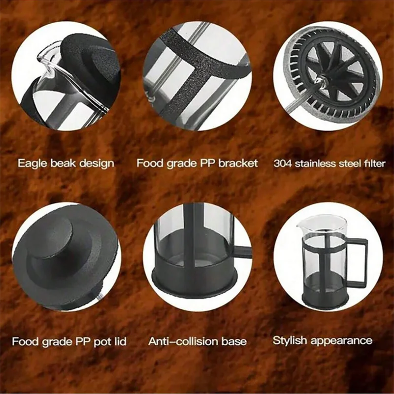 وعاء ضغط القهوة الفرنسي مع فلتر زجاج البورسليكات العالي إبريق قهوة يدوي متعدد الوظائف أدوات وعاء حليب الشاي