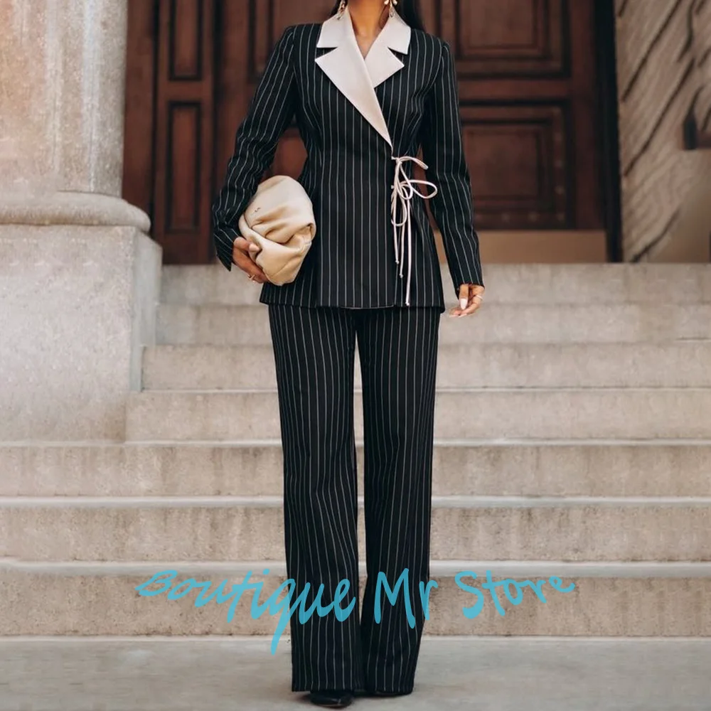 

Профессиональный женский полосатый костюм, комплект с контрастным вырезом, лацканами и завязками на талии, блейзер + широкие брюки, офисный официальный наряд, элегантная рабочая одежда
