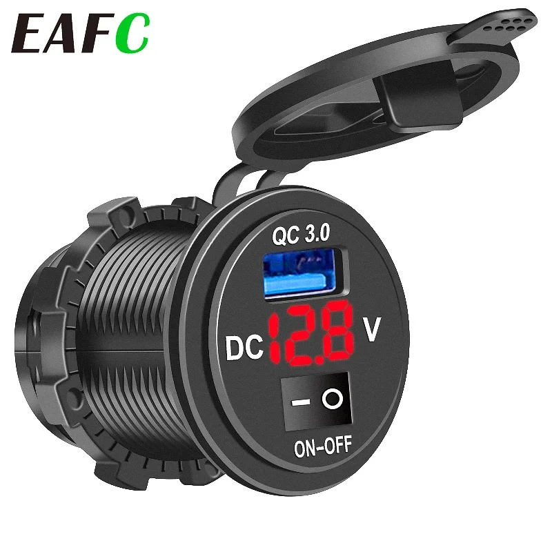 EAFC 1PC Quick Charge 3.0 USB Car Charger Socket Digital Display Voltmeter USB Charger Socket with ON-OFF Switch for Car Motorcy