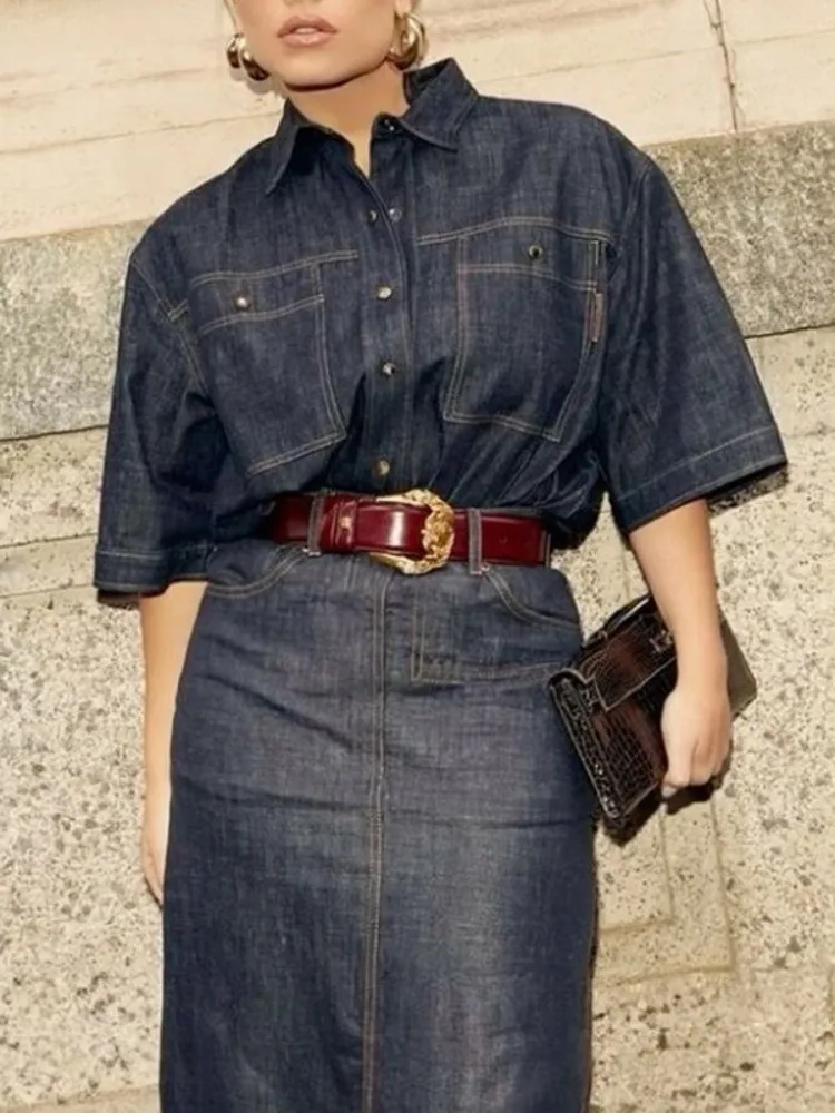 Gymystar 2 pièces ensemble pour femme Imitation Denim chemises et jupes mode d'été hauts à revers ample sans ceinture jupe à glissière tenue femme