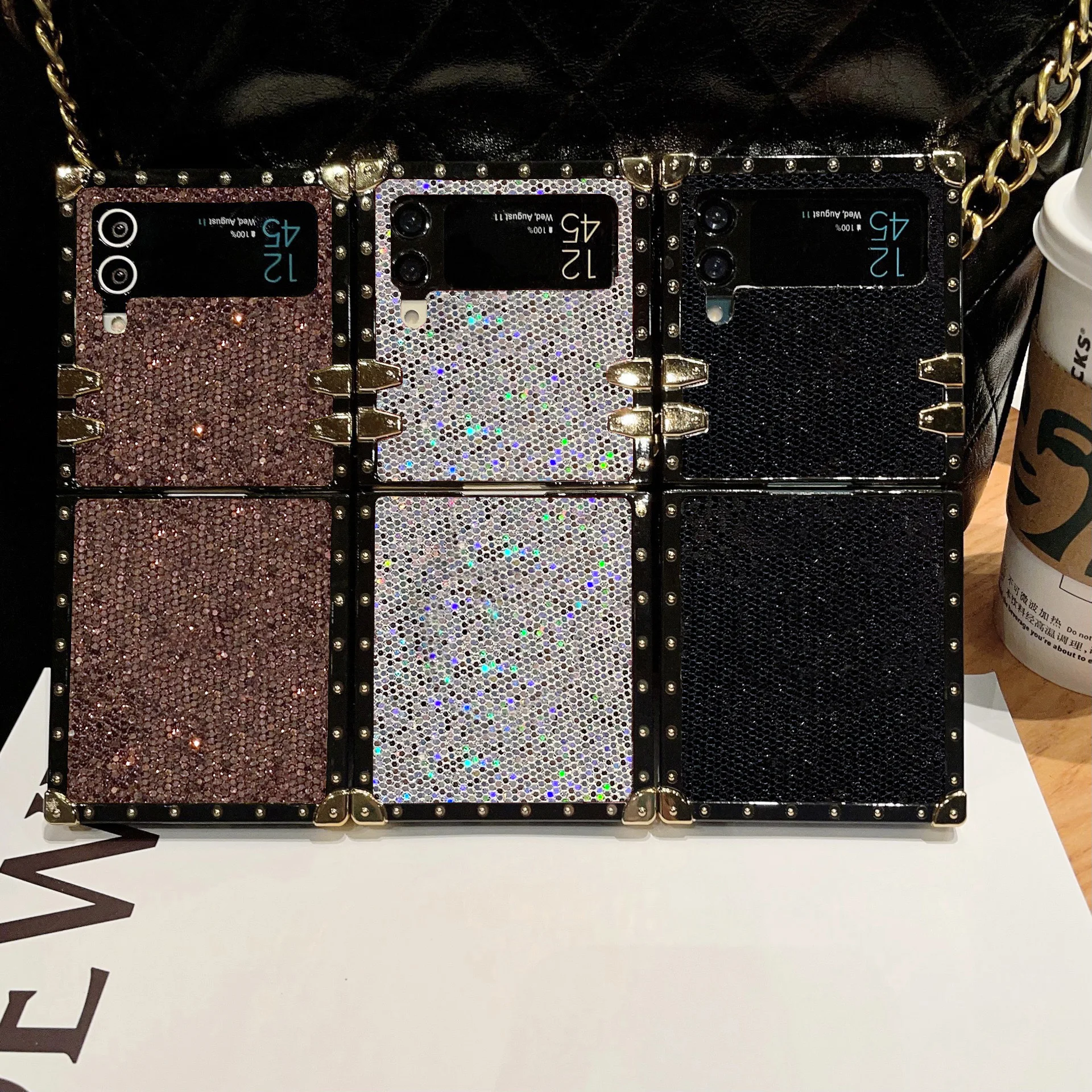 Fashion Sparkling Shockproof Phone Case For Samsung Galaxy Z Flip 7 6 5 4 3 Flip7 FE Starry Sky Leather Square Back Cover