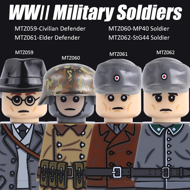 MOC WW2 Military Soldier Figures Building Blocks Army Civilian Elder Defender Helmet StG44 MP40 Gun Accessories Bricks Toys Kids