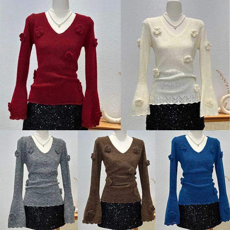 Korean Women V-Neck Long Sleeve Knitted Sweater Spring Autumn 3D Flower Knitting Sweater Fashion Temperament Knitwear Tops Soft