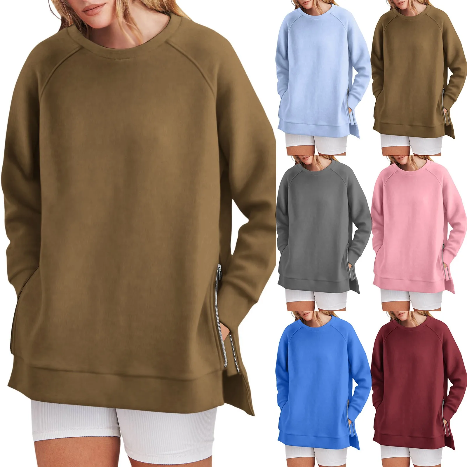 Women\'s Clothing Autumn and Winter Trendy Simple Casual Zipper Streetwear Oversized Sweatshirts Solid Long Sleeve Pullover Tops