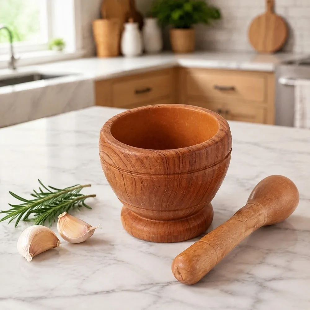 PP Mortar and Pestle Set Wood Grain White Lightweight Design Garlic Herb Crusher Manual Operation Easy to Clean