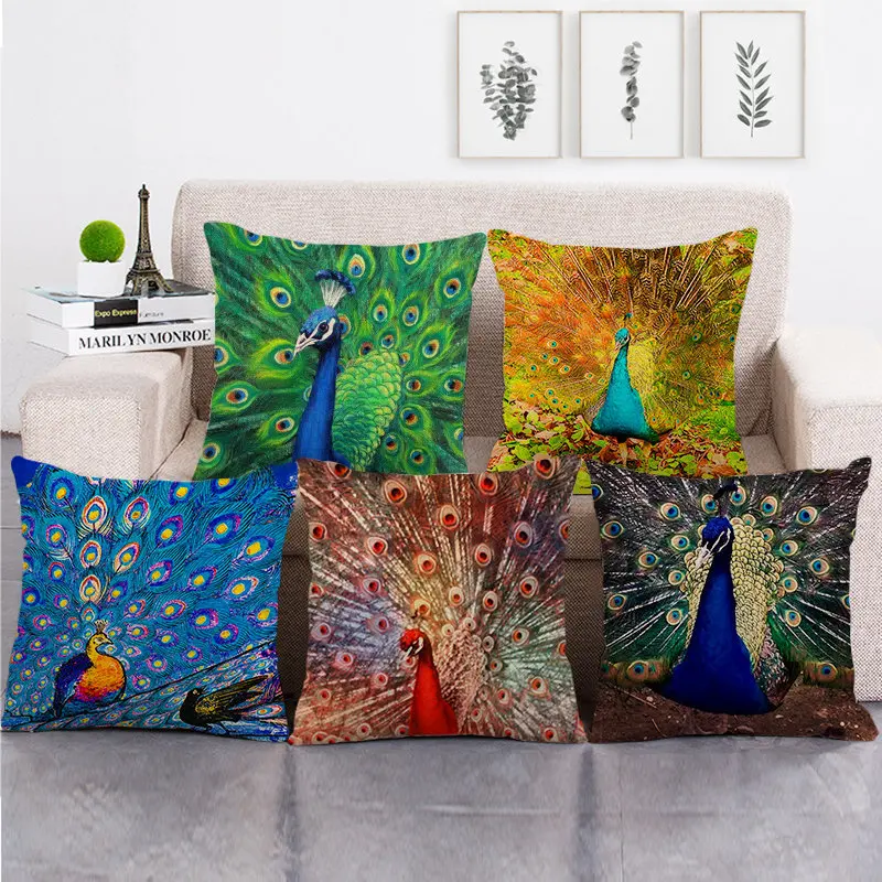 New Graceful Peacock Print Linen Cushions Case Multicolors Hand Painted Peacock Decorative Pillows Case Sofa Couch Throw Pillows