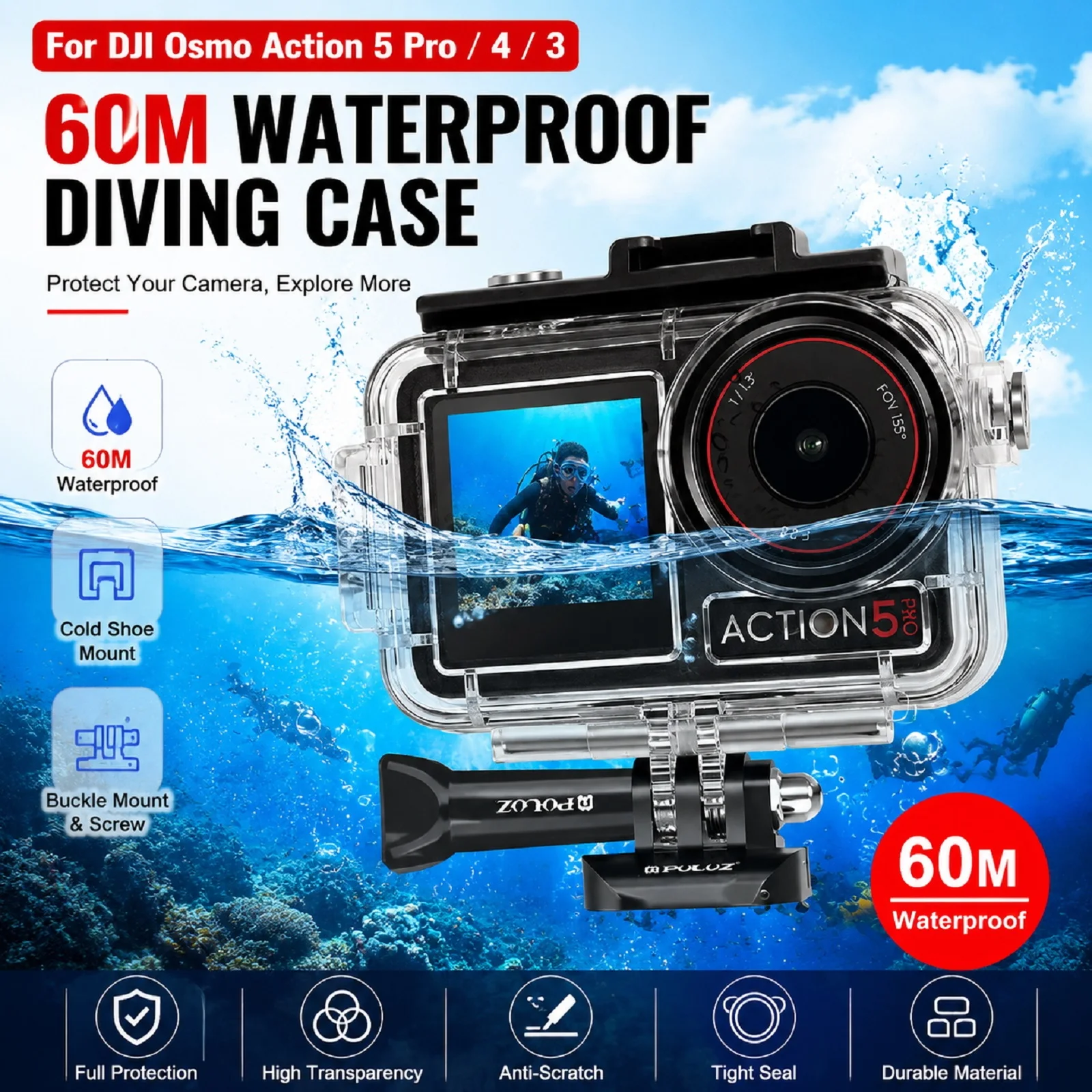 PULUZ 60m Underwater Waterproof Housing Diving Case For DJI Osmo Action 5 Pro / 3 / 4 Camera Protective Case Accessories
