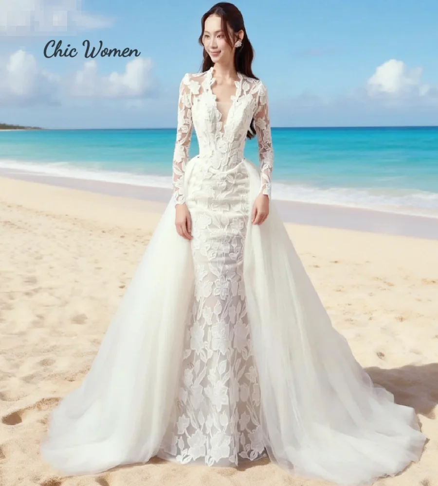 Charming Beach Wedding Dress With Detachble Train Elegant Long Sleeve Lace Mermaid Bohemian Destination Boho Bridal Dress Plus