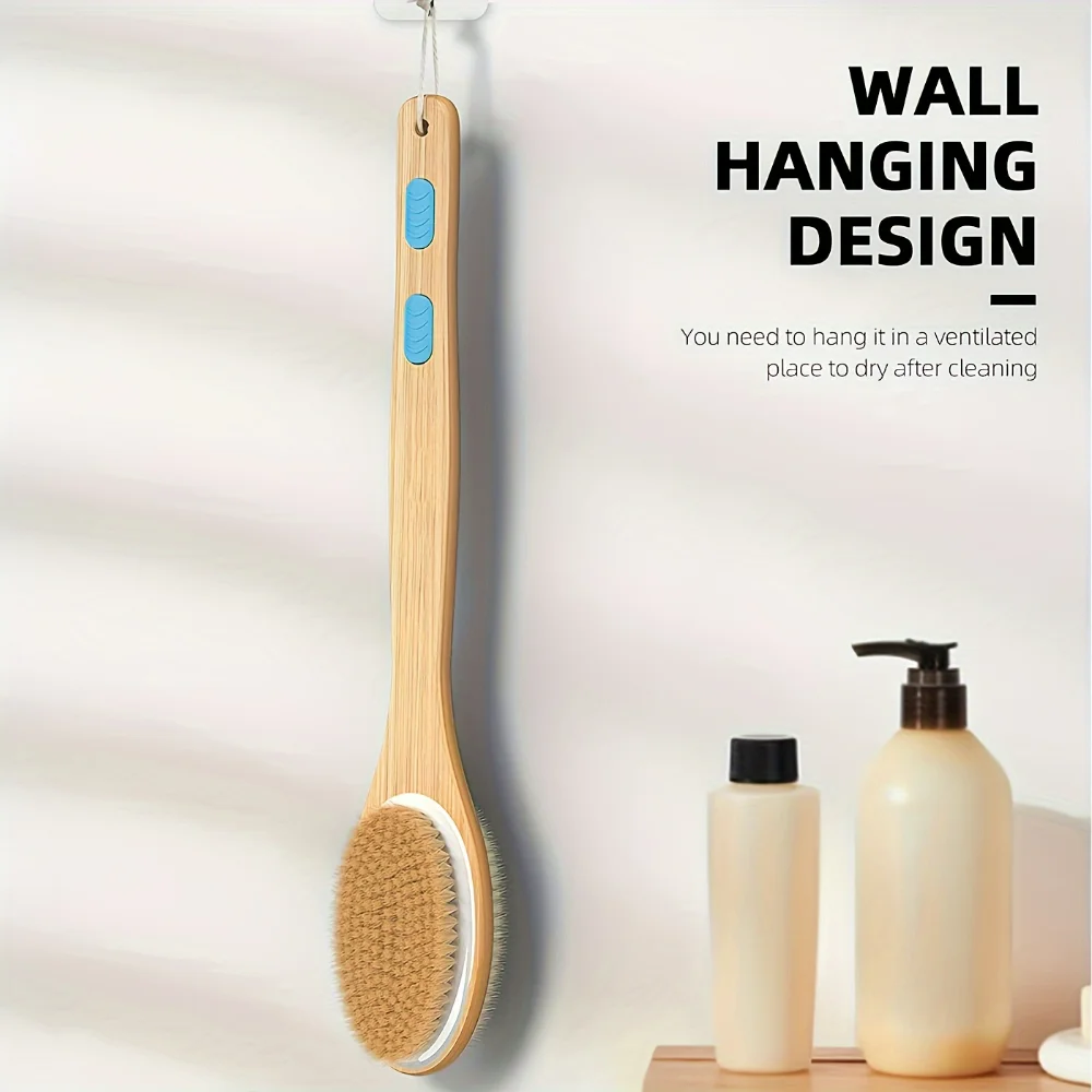 

Shower Brush With Soft And Stiff Bristles+ Hook, Back Scrubber For Shower, Long Wooden Handle Bath Sponge Shower Brush, Soft Mes
