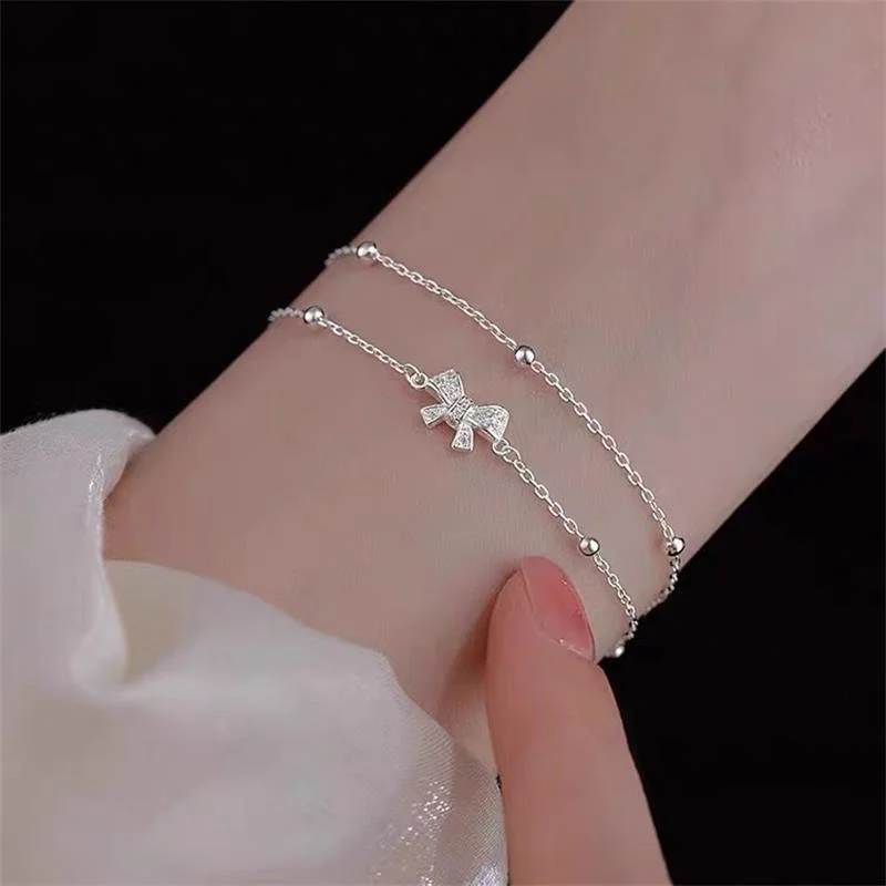 Korean Delicate Double Layer Bracelet For Women Girls Cute Bow Knot Star Moon Shiny Zirconia Adjustable Chain Bangles Jewelry