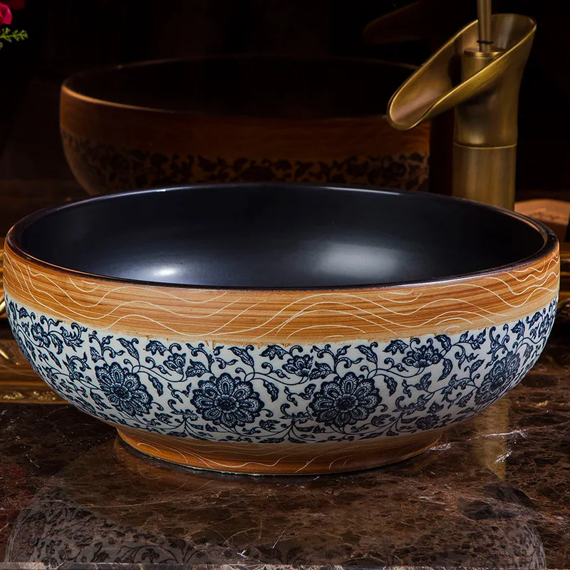 

Chinese style ceramic art basin, bathroom countertop basin, circular single basin BB193GD