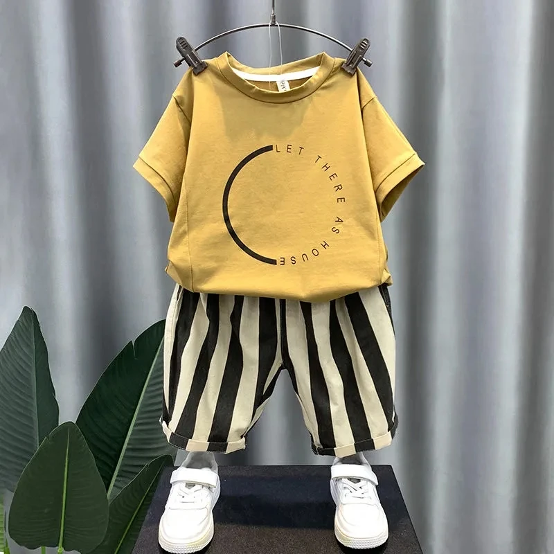 Loose Children's T-shirts Outfit Casual Summer Tees Tops + Baggy Stripe Spliced Shorts Pants Suit Fashion Boys Conjuntos Cortos