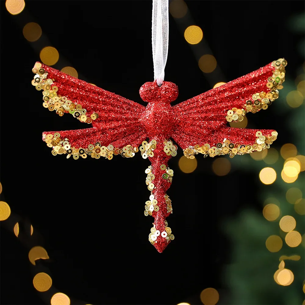 

Gold Sequin Christmas Tree Pendant Butterfly Dragonfly Glitter Snowflake Elk Ornaments Ice Bar Knot Girl Xmas Tree Pendant