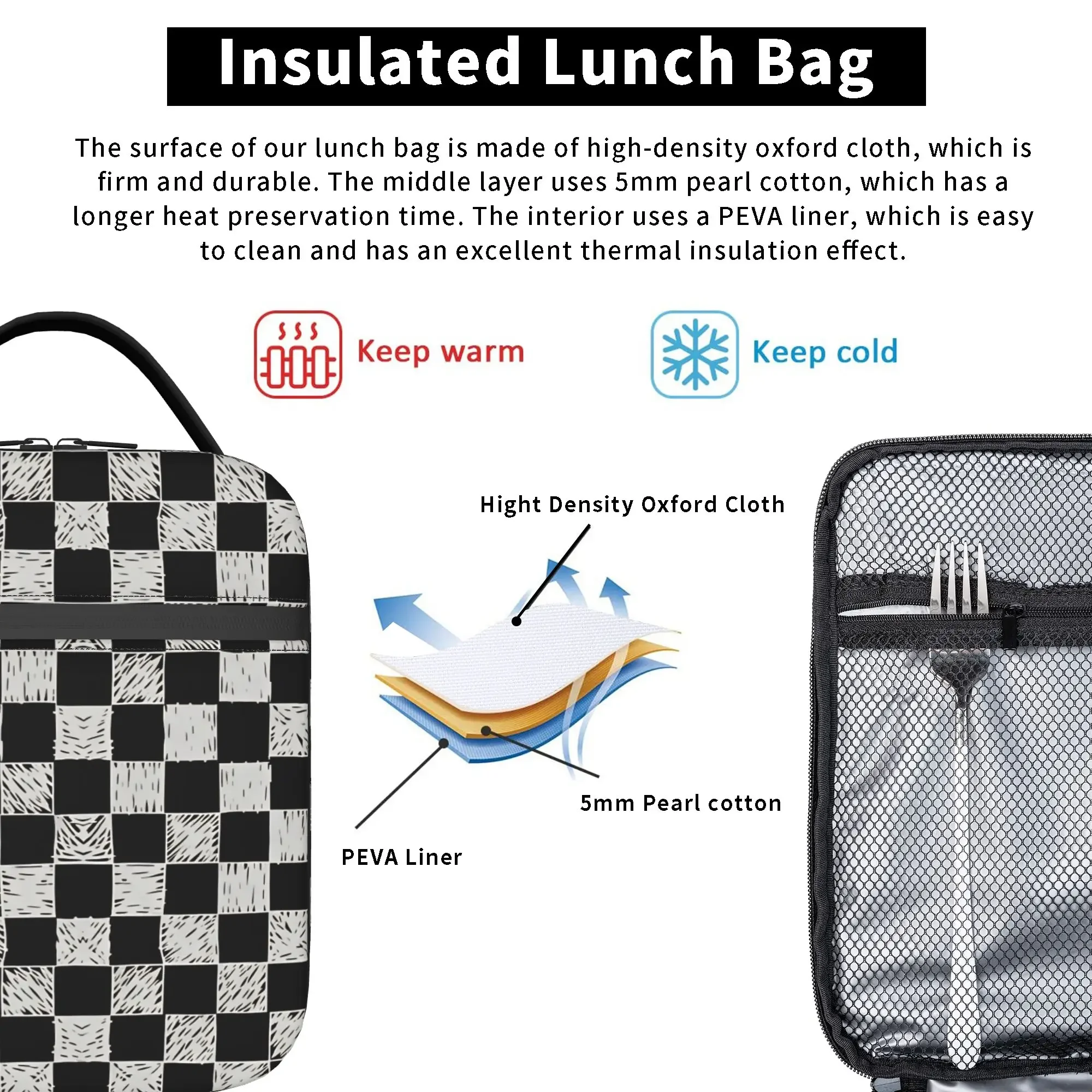 Lunch Bag Hand Drawn Sketch Checkered Office Lunch Box For Child  Casual Portable Graphic Cooler Bag