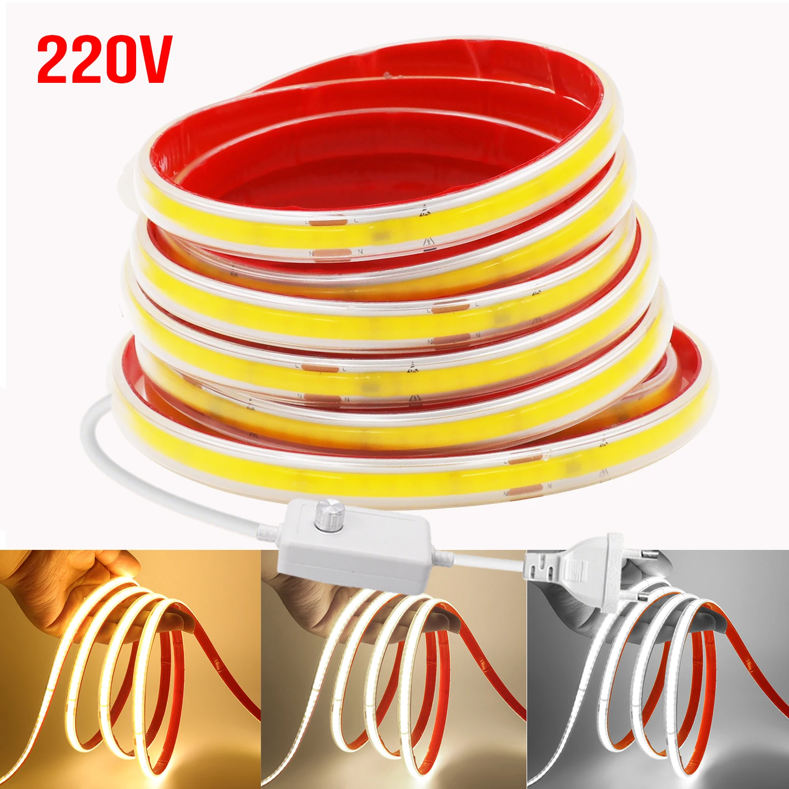 220V Dimmable COB LED Strip Light Switch/Dimmer EU Power Kit Waterproof 240LEDs Warm Natural White Adhesive Tape Linear Lighting
