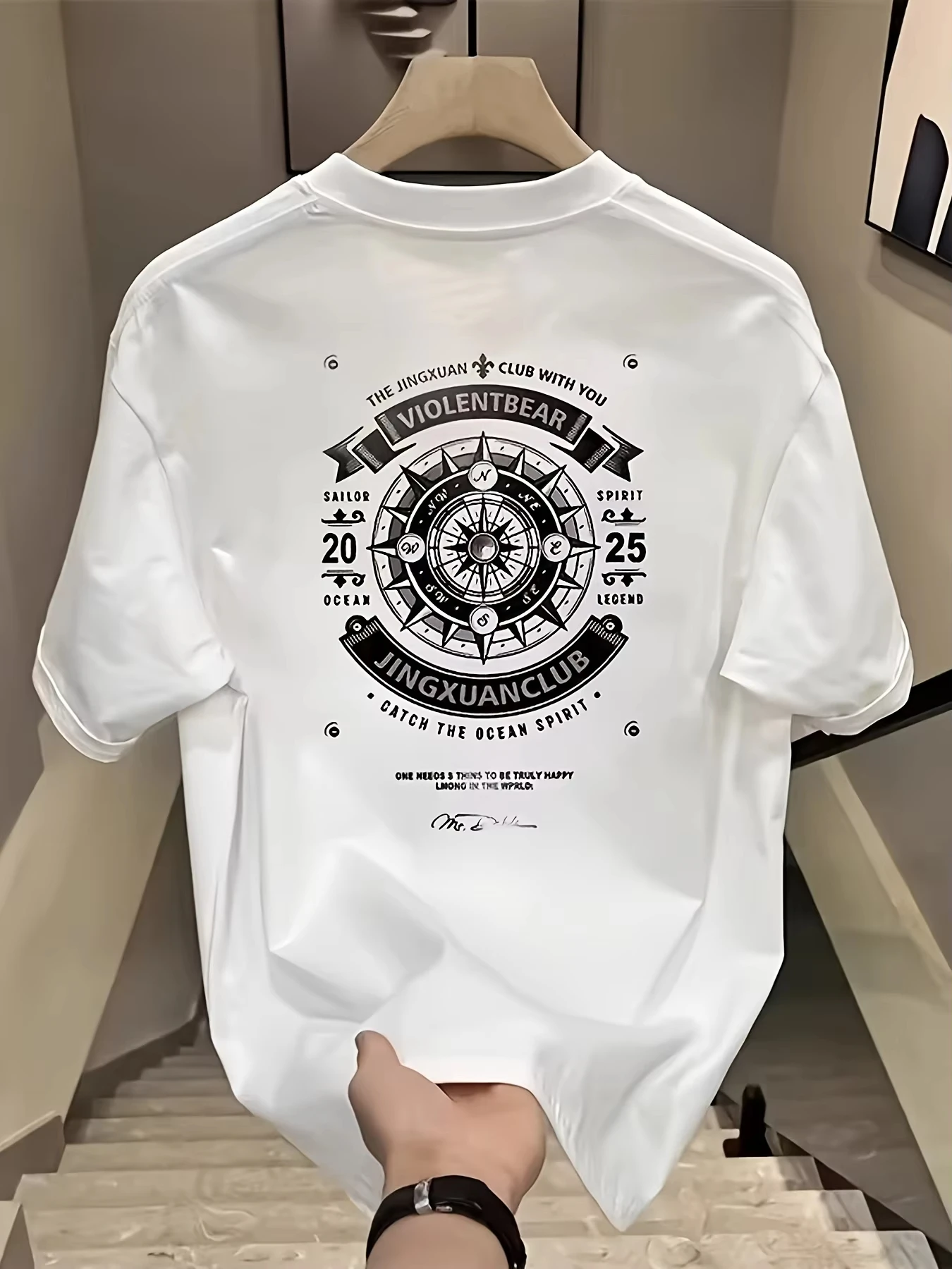 Unisex Vintage Nautical Compass Back Print T‑shirt Retro Sailor Graphic Casual Short Sleeve Crew Neck Streetwear Tee