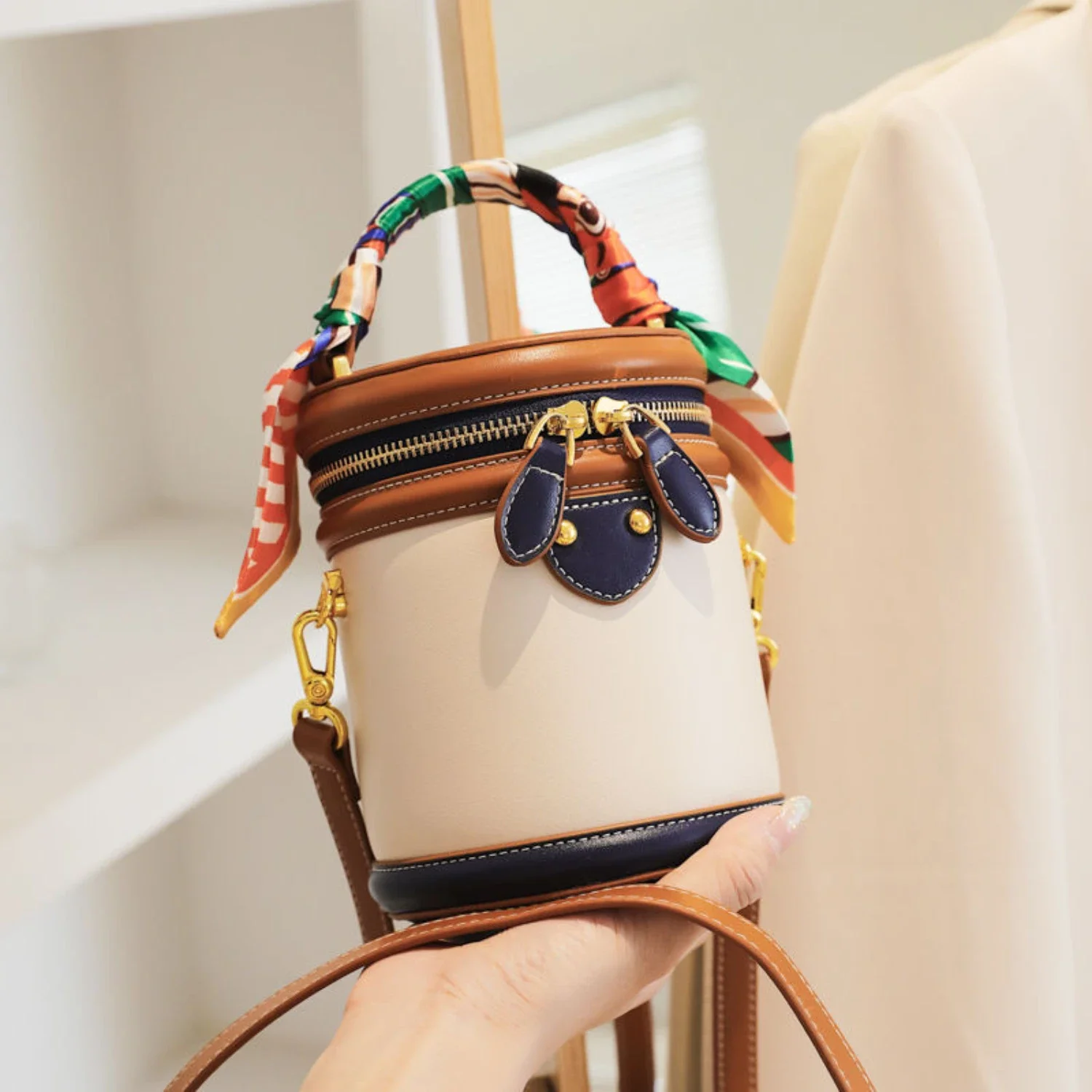 

Chic Colorblock Cylinder Bucket Bag with Scarf Accent - Versatile Top Handle & Crossbody Design for Everyday Elegance