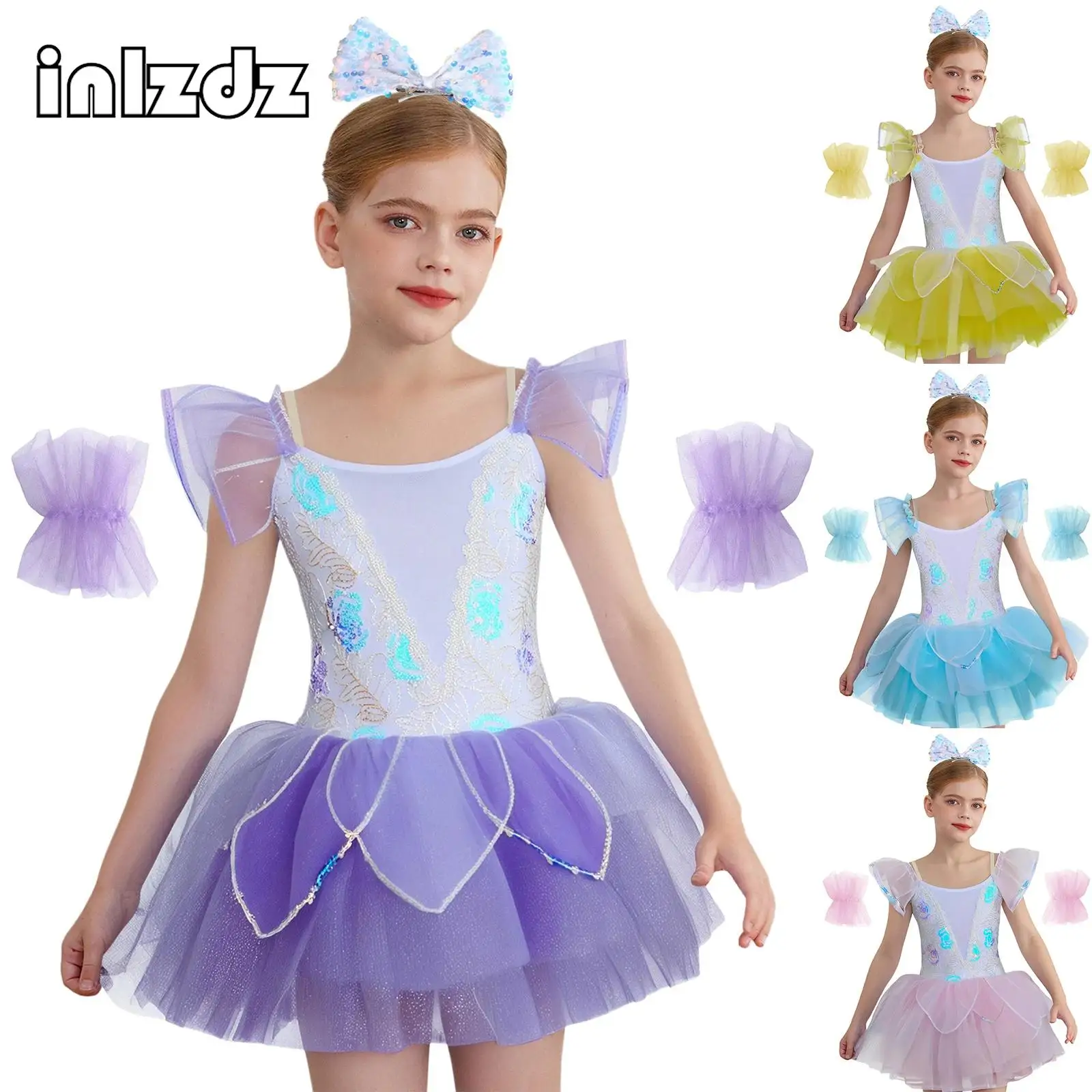 

Kids Girls Ballet Dance Dress Sequins Embroidery Bodice Layered Tutu Dress with Accessories Dance Party Stage Performance Sets