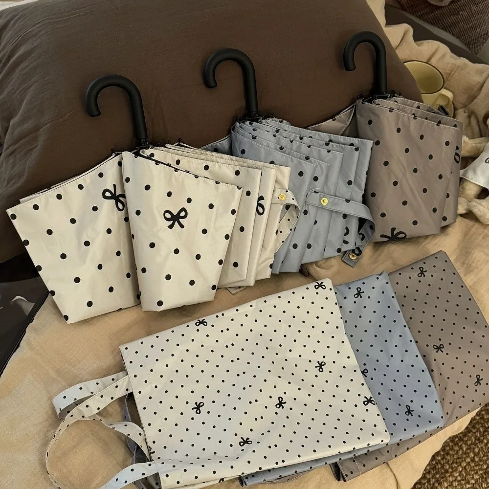 Polka Dot Bow Folding Umbrella Sun Protection Windproof UV Protection Umbrella with Storage Bag Hand Operated Parasol Daily Use