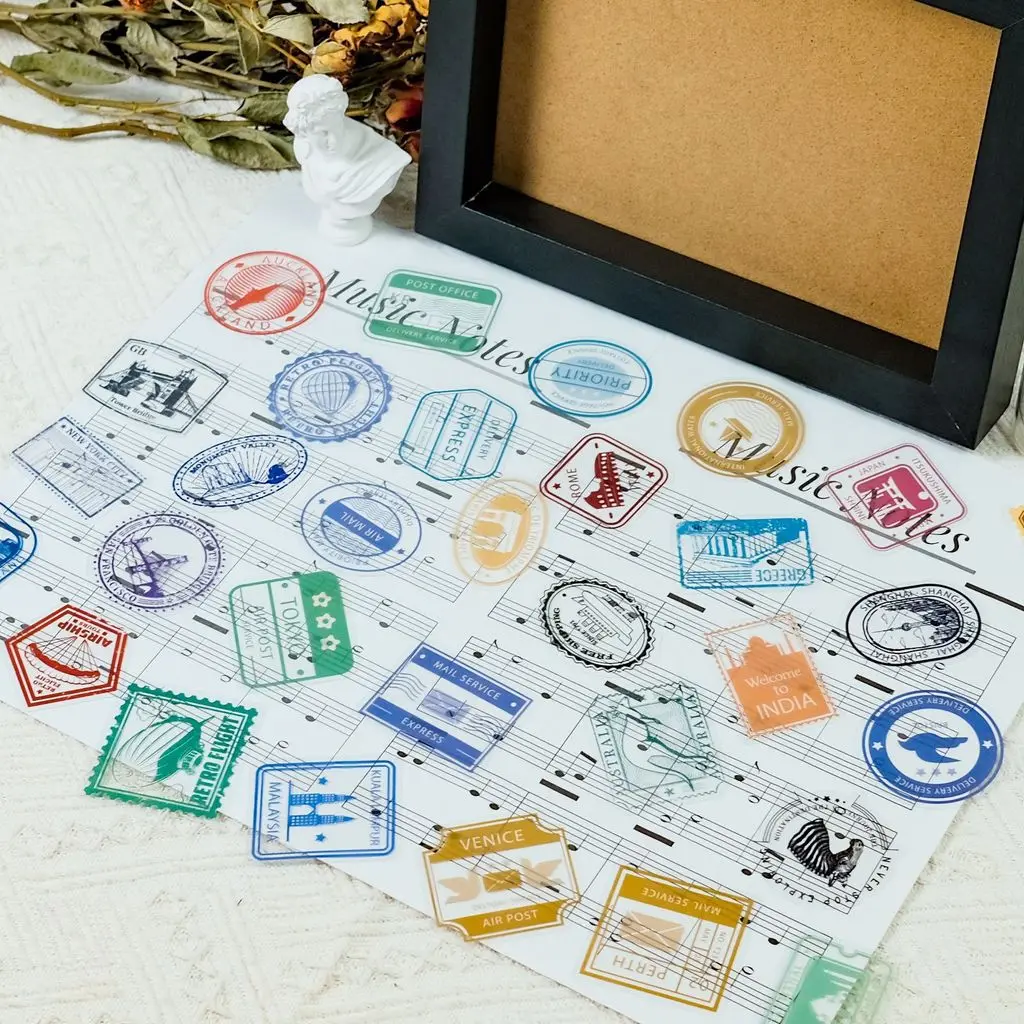 Clear PET Simple Postal Stamp Sticker Pack 50PCS Minimal Vintage Postmark Waterproof Decorative Stickers RecordingYourLife Store