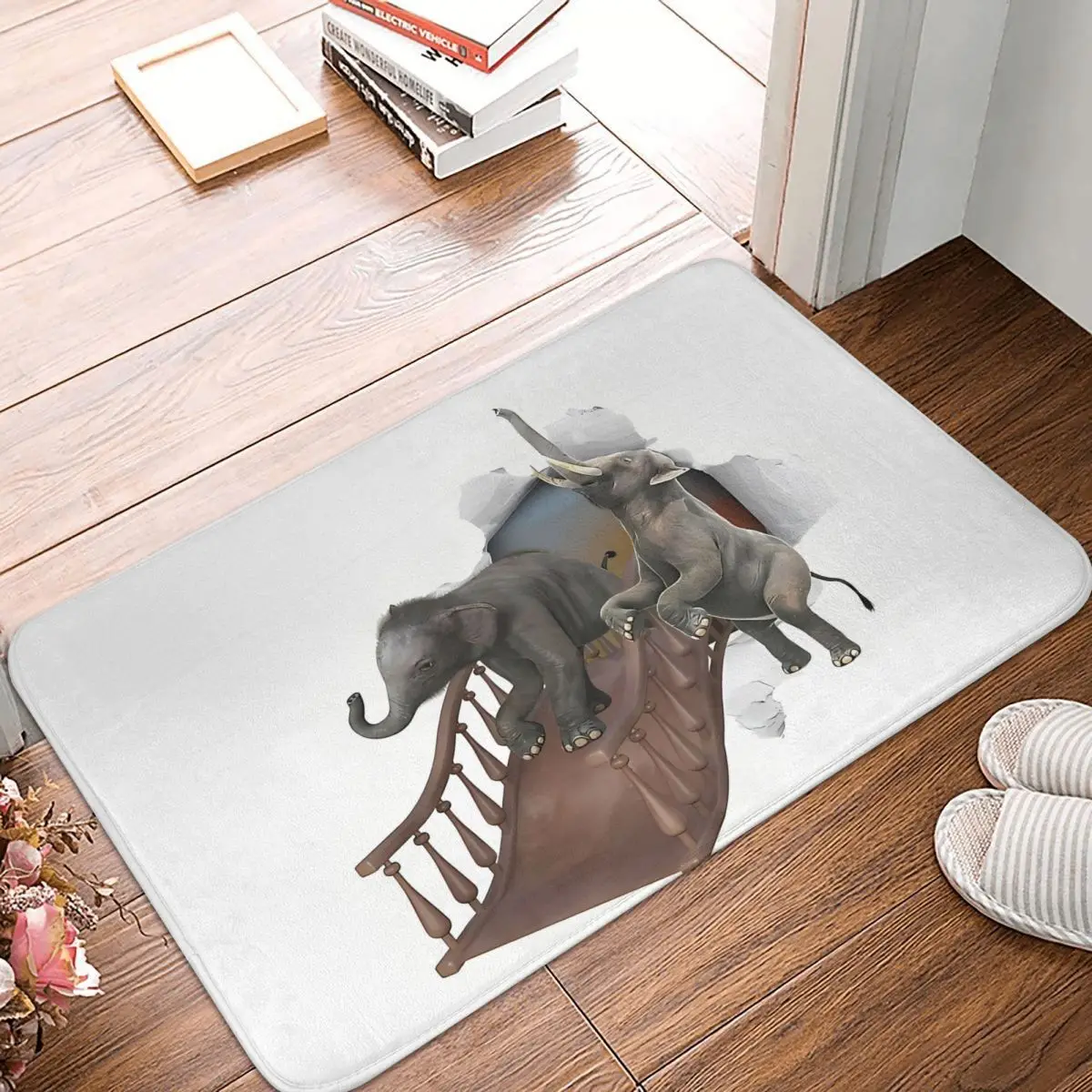 Animal Out of the Hole 3D Bath Mat Elephant Escape Over A Bridge Doormat Kitchen Carpet Entrance Door Rug Home Decor