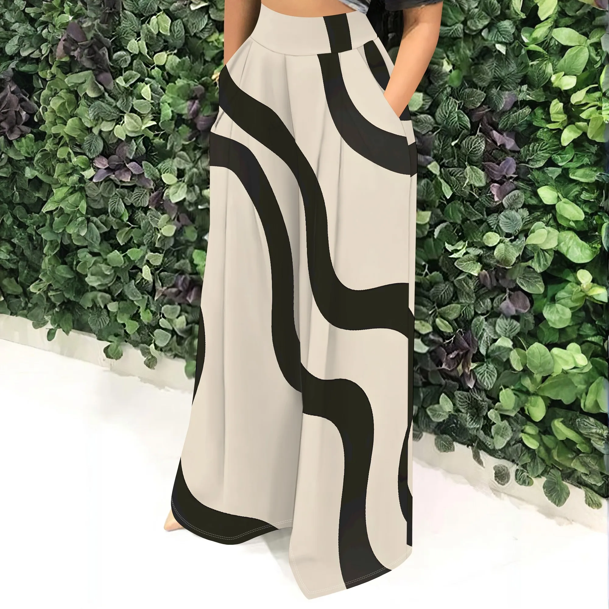 High Waist Wide Leg Pants, Black & White Abstract Print Trousers, Casual Loose Fit Bottoms with Pockets for Women, S-2XL