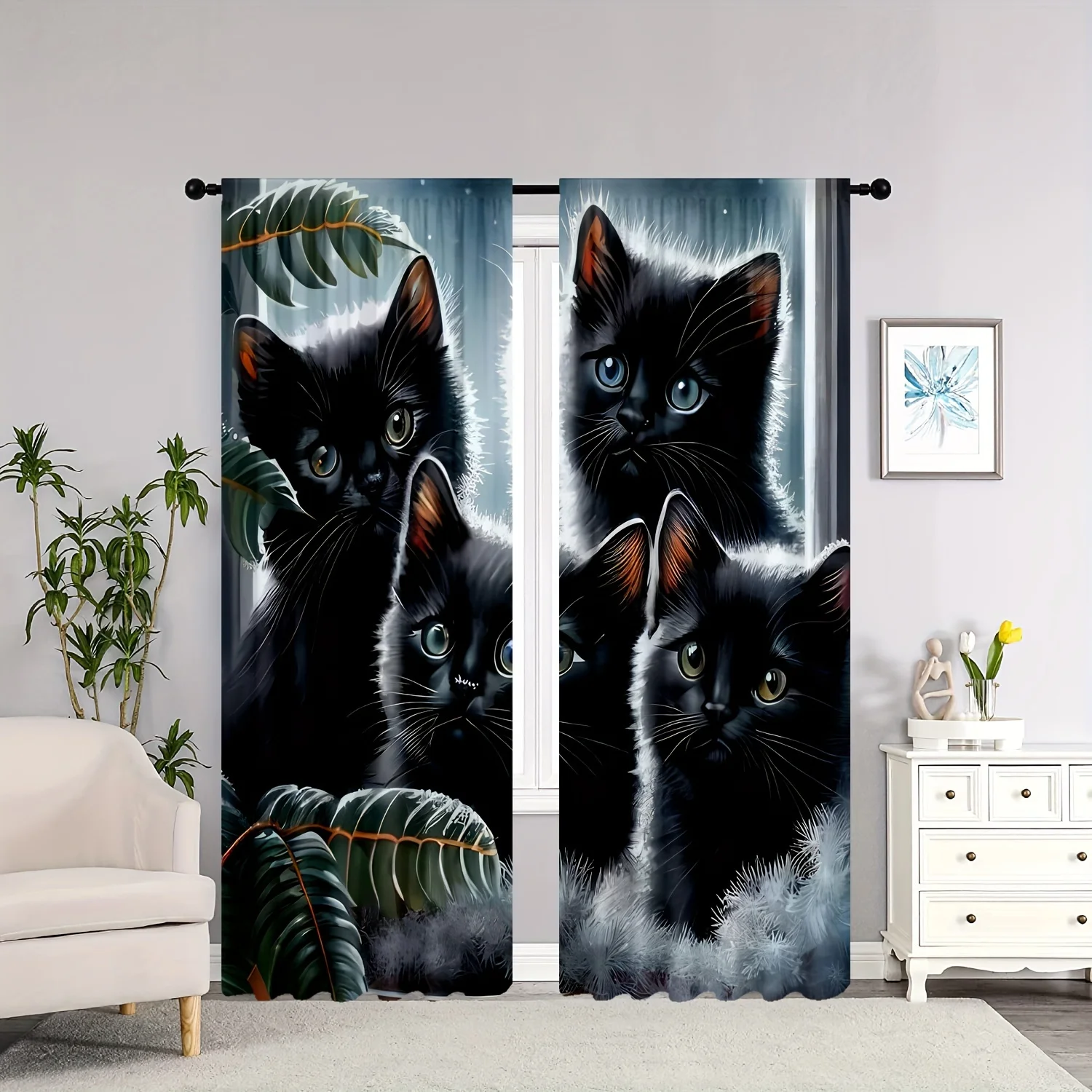 2pcs Rustic Animal Cat Print Semi Blackout Curtains Fashionable Curtains For Bedroom Office Kitchen Living Room Study Room Home