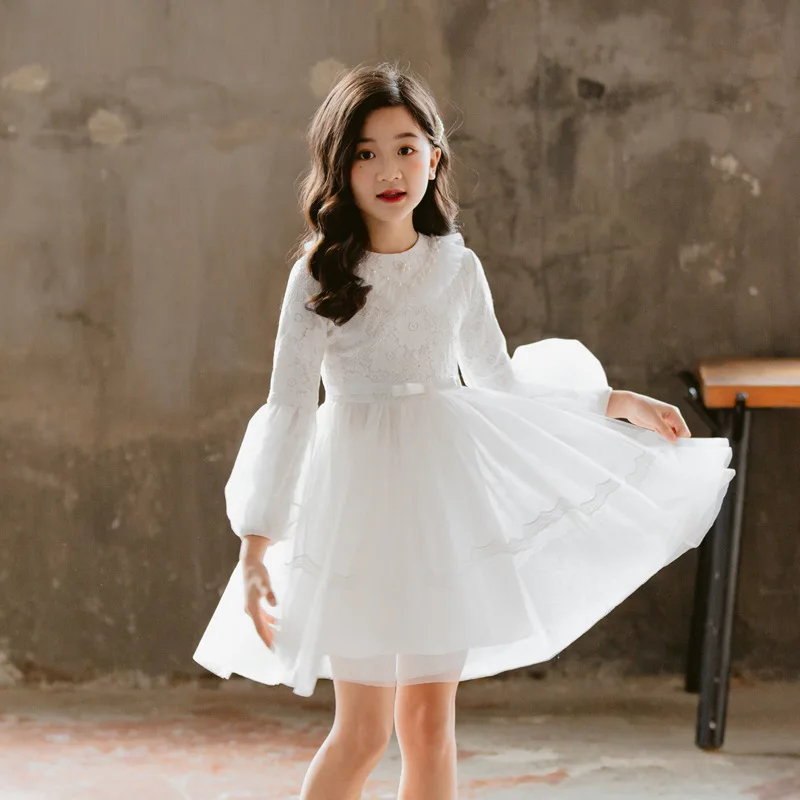 Kids Girls dresses autumn and spring lace princess dress white gauze red performance puff sleeves new