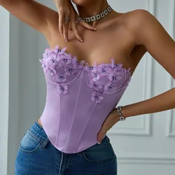 ISAROSE Purple Corset for Women Sexy Satin Fabric Sleeveless Stretch 3D Butterfly Rhombus Party Night Club Braless Crop Tops