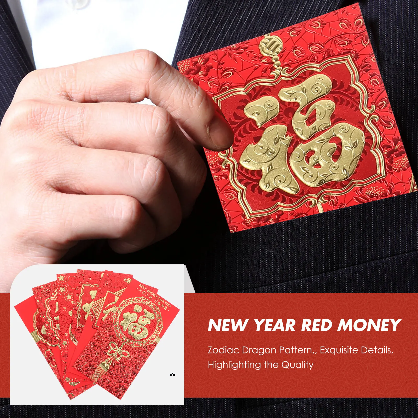 

6Pcs Red Envelopes Chinese Style Dragon Year 2024 Fu Character Lucky Red Packets for Lunar New Year Wedding Cash Holder Party