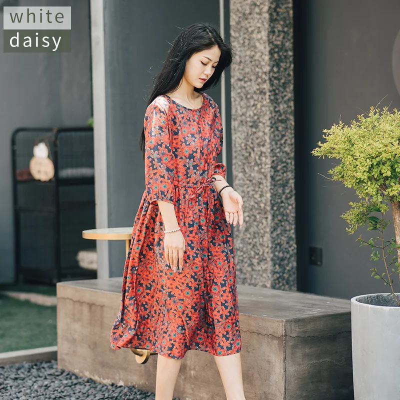 

White Daisy Summer Floral Print Cotton Linen Dr Seven Sve A-Line Long Dr Sweet Sle round Ne Lantern Sve Tea B...