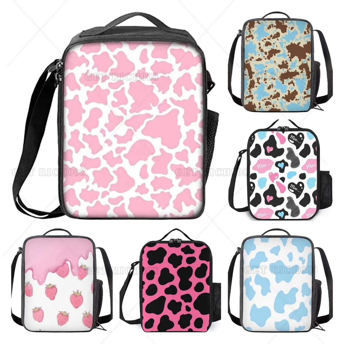 Fiambrera aislada con estampado de vaca rosa para niños y niñas, bolsa de almuerzo escolar con soporte para botella de agua, bolsas de comida para