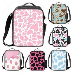 Pink Cow Print Insulated Lunch Box for Kids Girls School Lunch Bag with Water Bottle Holder Children Food Pouches Sandwich Bag