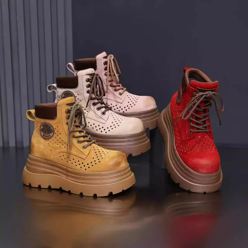 

Outdoor Fashion Boots for Women Breathable Height-Increasing Hollow-Out Pink Short Boots for Petite Women with Thick Soles