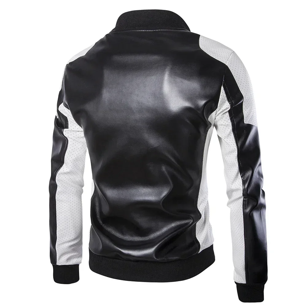 2024 New Men Stand Collar Coat Black White Color Matching Casual Leather Jacket Fashion Racing Clothing  PU Leather Jacket 5XL-M