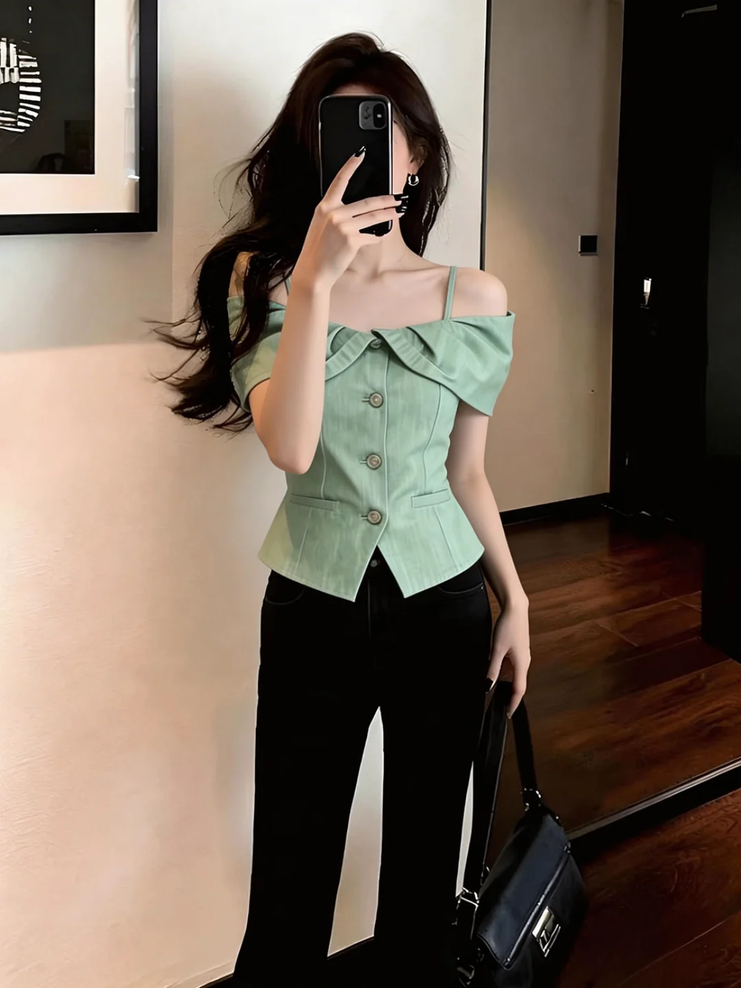 

Unique Design One-Shoulder Denim Shirt Women's Stylish Slimming Top Breathable Comfortable Short Sleeve Gentle Style Summer N...