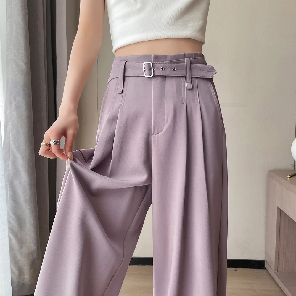 Women's Loose Wide Leg Pants 2025 New High Waist Casual Trousers With Belt Korean Fashion Office Lady Suit Straight Pants