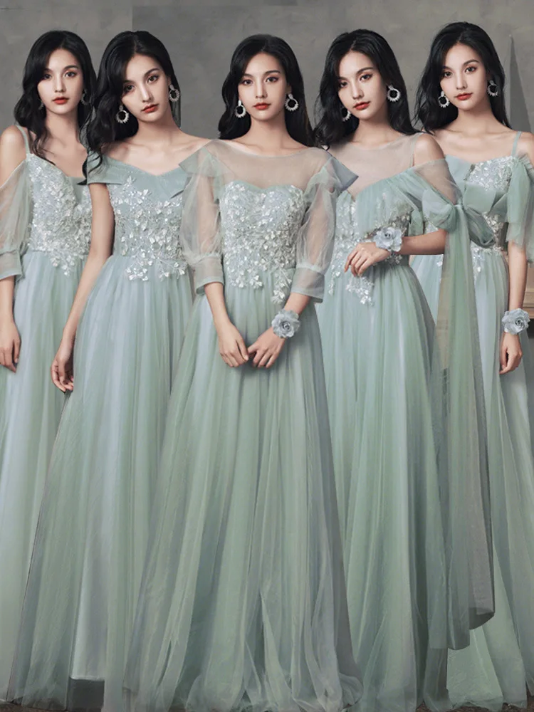 

Flower Green Theme Evening Dresses Autumn New Elegant Simple Skirt Show Thin Temperament Show Thin Bridesmaid Dresses For Women