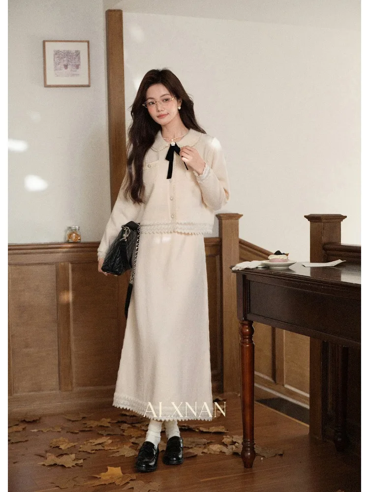 ALXNAN Plus Size Knit Cardigan Women Autumn Winter Warm Elegant Sweater Fashion Casual Bow Pearl Flower Buttons Tops D663083