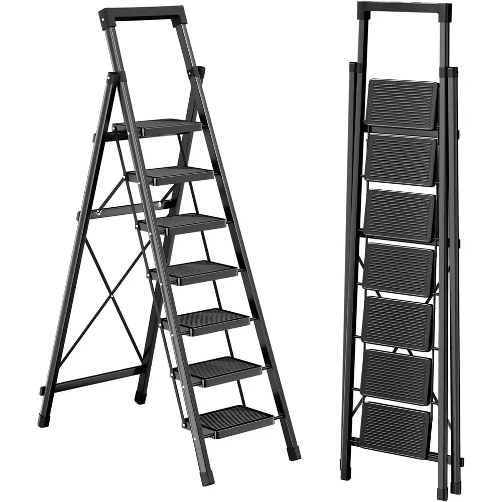 Escalera de 7 peldaños con bandeja, soporta 330 lbs, escalera plegable con agarre cómodo, pedal ancho antideslizante, ligera y portátil.