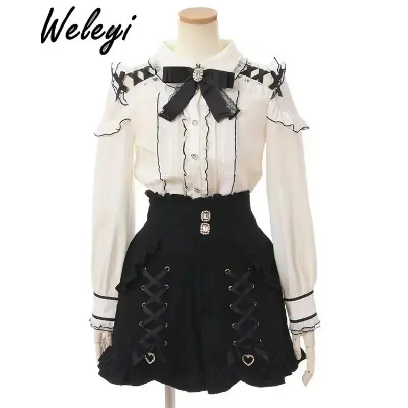 Jirai Kei Women Shirts Lolita Sweet Japanese Spring Top Mine Series Mass Production Off Shoulder Hollow Lace Long Sleeve Blouse